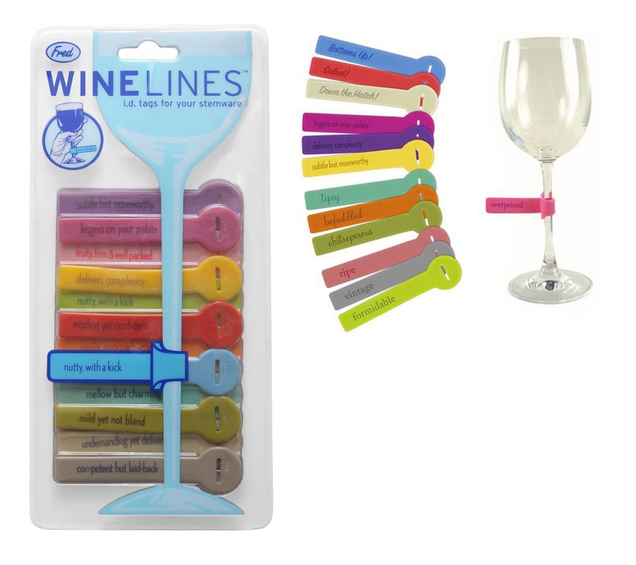 Identificador de taças Wine Lines, com 12 etiquetas de borracha. R$ 49,90 em O Segredo do Vitório 