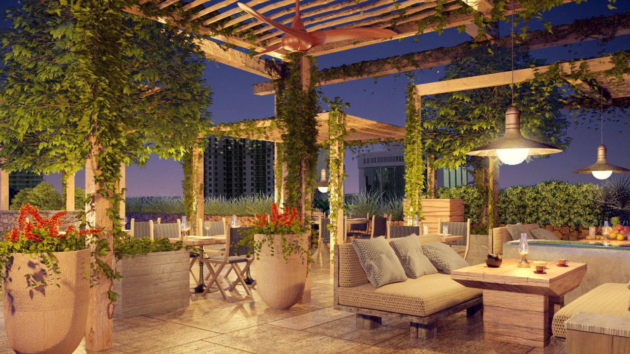 Terraço do Hotel EAST Miami que tem inauguração prevista para o final de 2015. O projeto arquitetônico é do premiado escritório Arquitectonica e a decoração é assinada pela Clodagh Design, sediada em Nova York. Imagem: Divulgação.