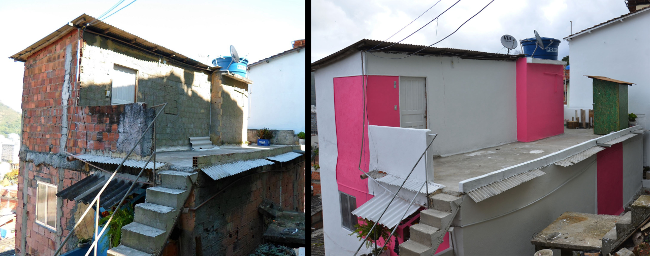 Casa antes e depois da pintura pelo mutirão. / Crédito: divulgação.