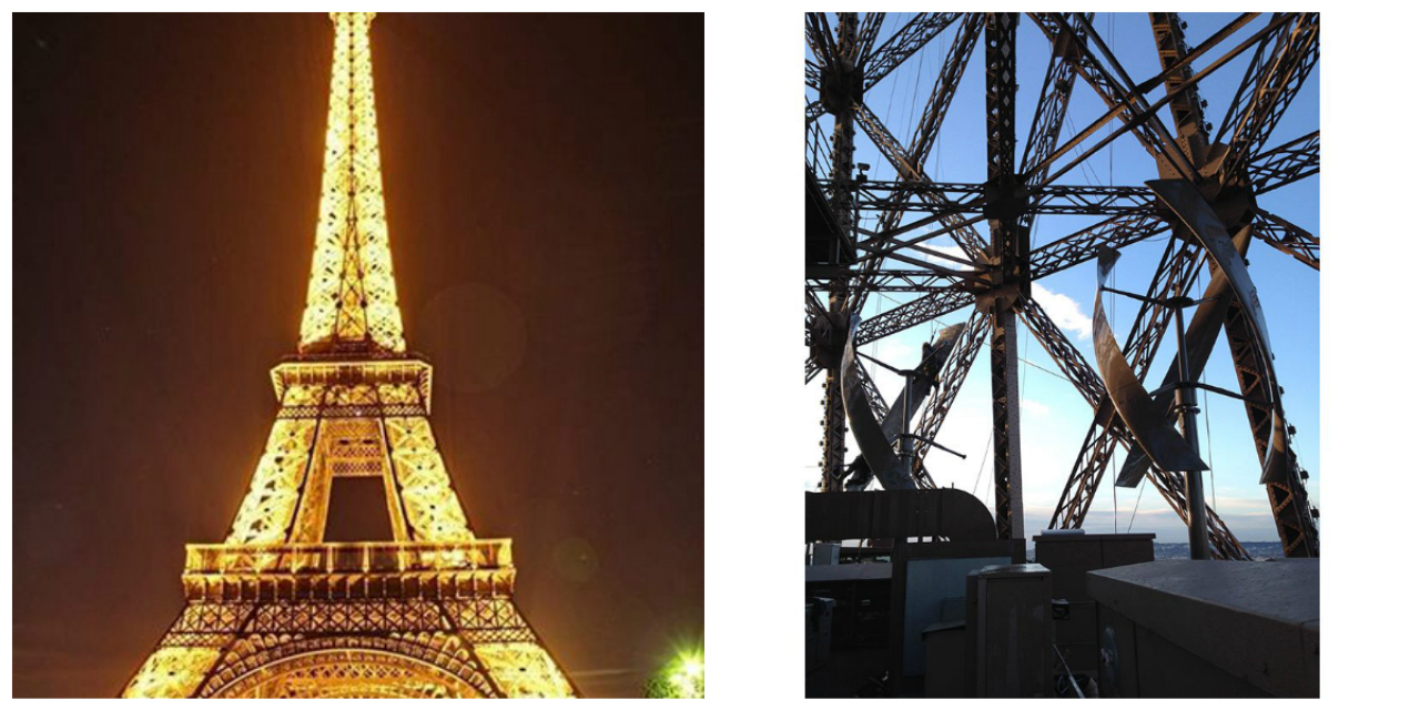 Hélices para captação de energia eólica ajudam a iluminar a na Torre Eiffel. 
