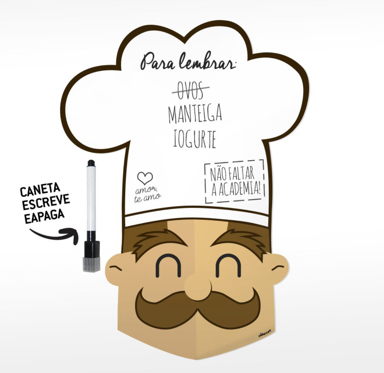 Imã de geladeira do chef, para anotar recados. Na Fábrica9, R$ 32,50.
