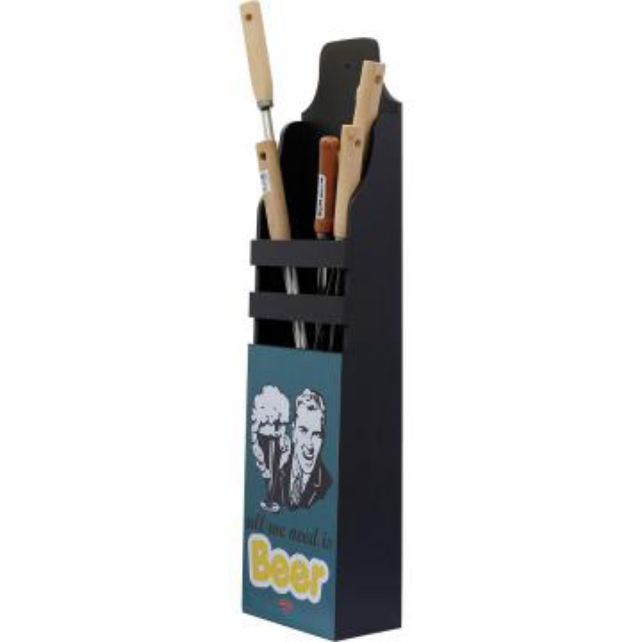 Porta-espetos All We Need is Beer, em MDF. R$ 135,00.