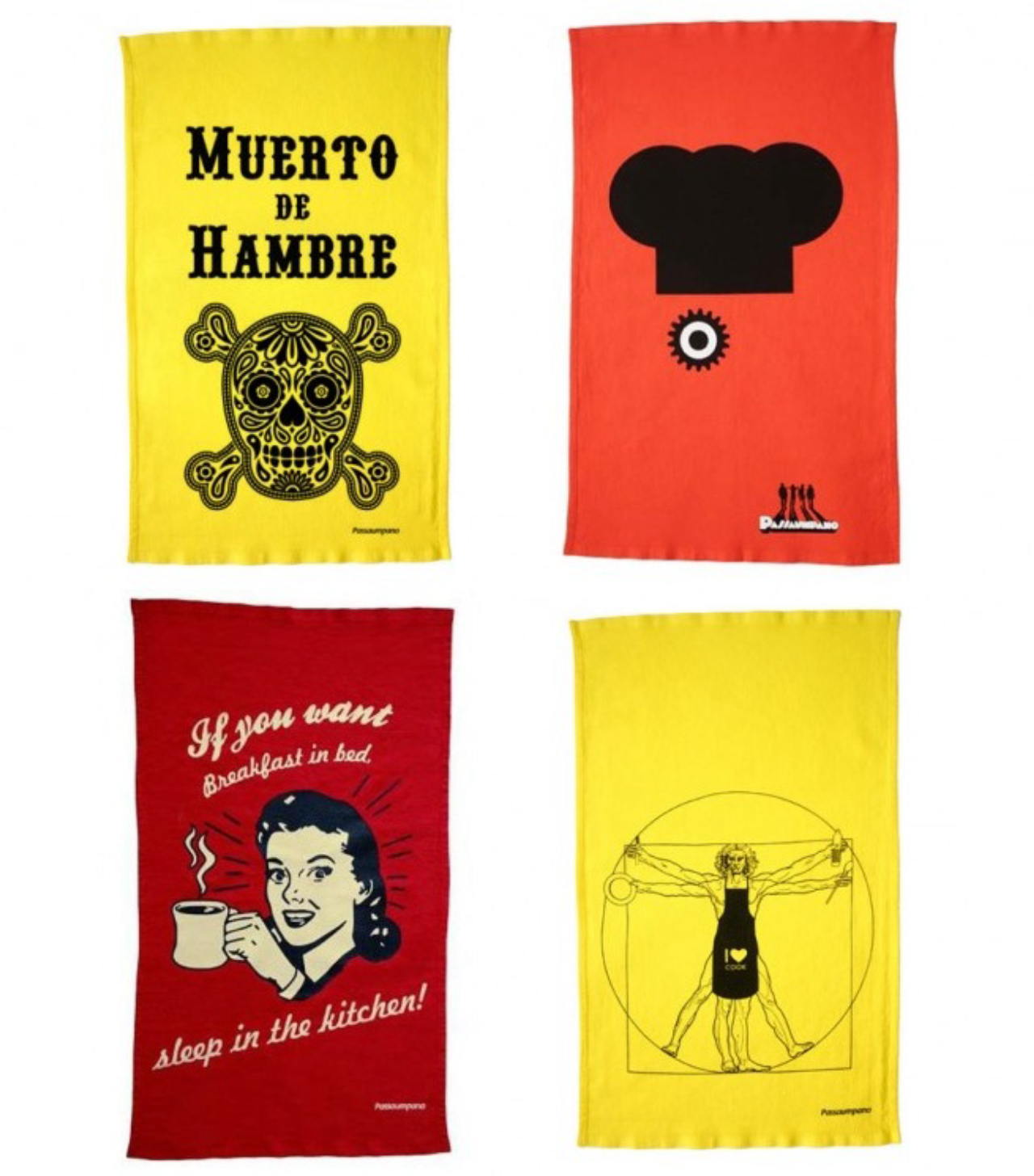 Panos de prato decorados, da Passaumpano. R$ 32,90 cada.