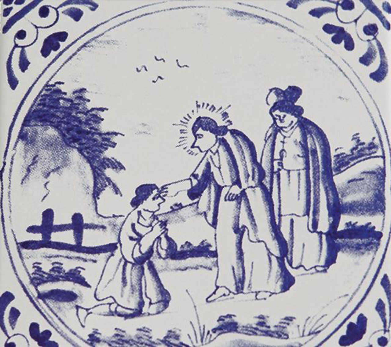 Detalhe do desenho de azulejo com motivo religioso.