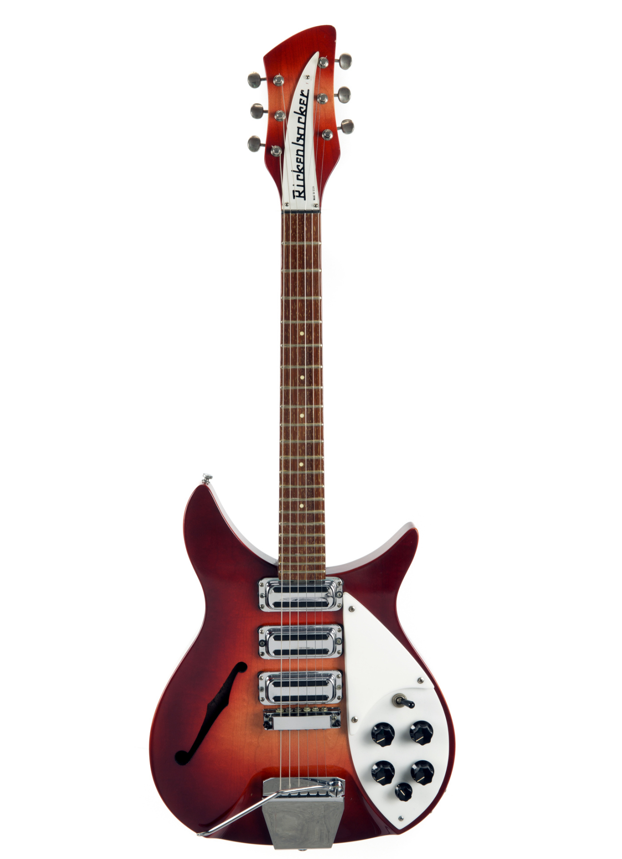 Guitarra Rose-Morris Rickenbacker de 1964, apelidada de "The Beatle Backer". Era propriedade de John Lennon e mais tarde foi dada a Ringo Starr.<br>Foto: Julien's Auction / Divulgação
