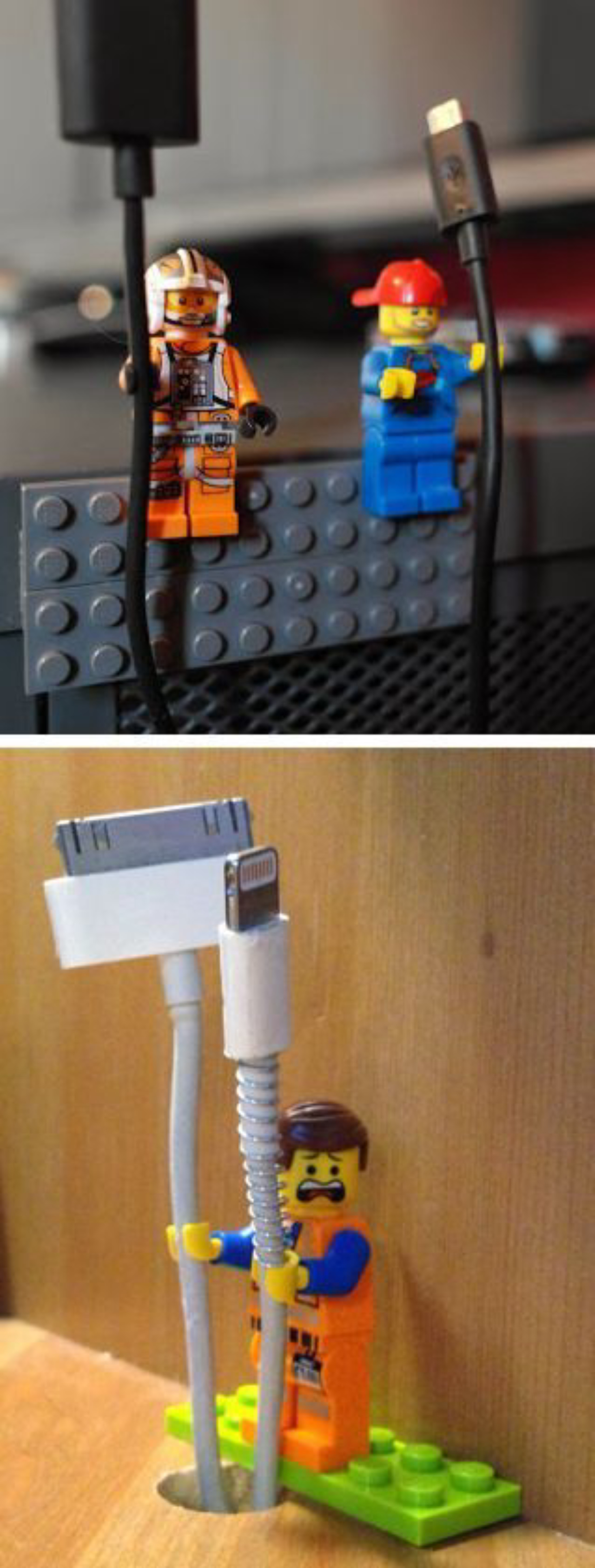 Aqui os bonequinhos do Lego seguram cabos USB.