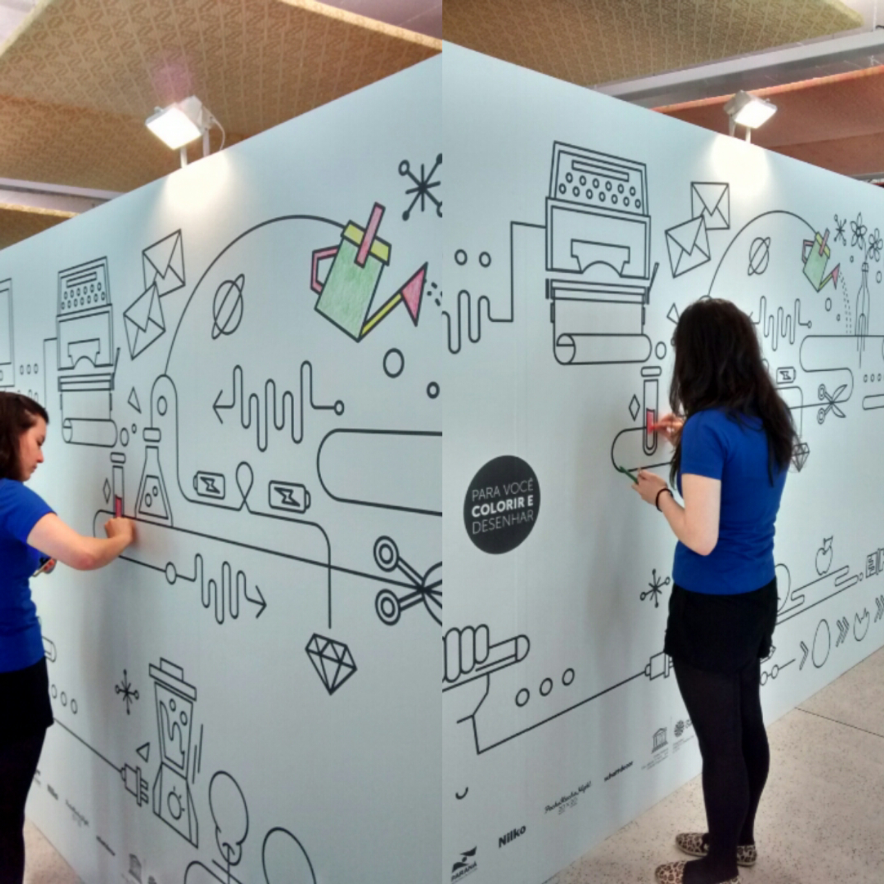 Interação com o público é uma das marcas dessa edição da Semana D. Neste painel, os visitantes podem colorir com giz de cera e estabelecer uma relação lúdica com o evento.  