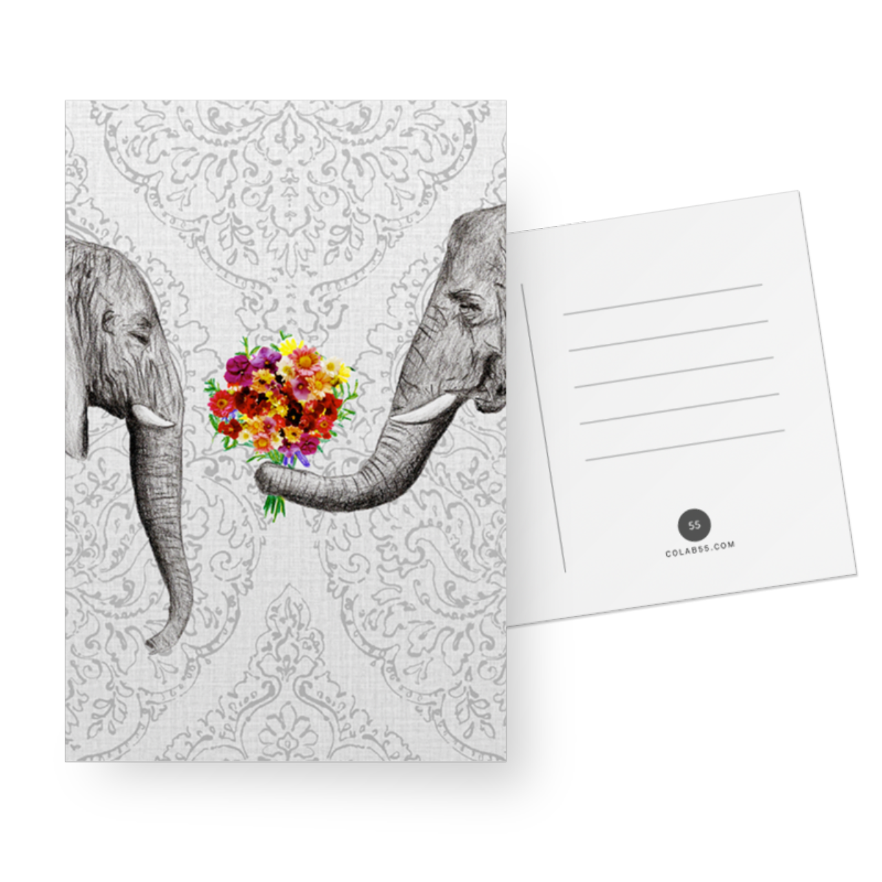 Cartão postal decorativo Elephant Love. Desenhado por @tenid. R$ 23, pacote com 4 unidades.