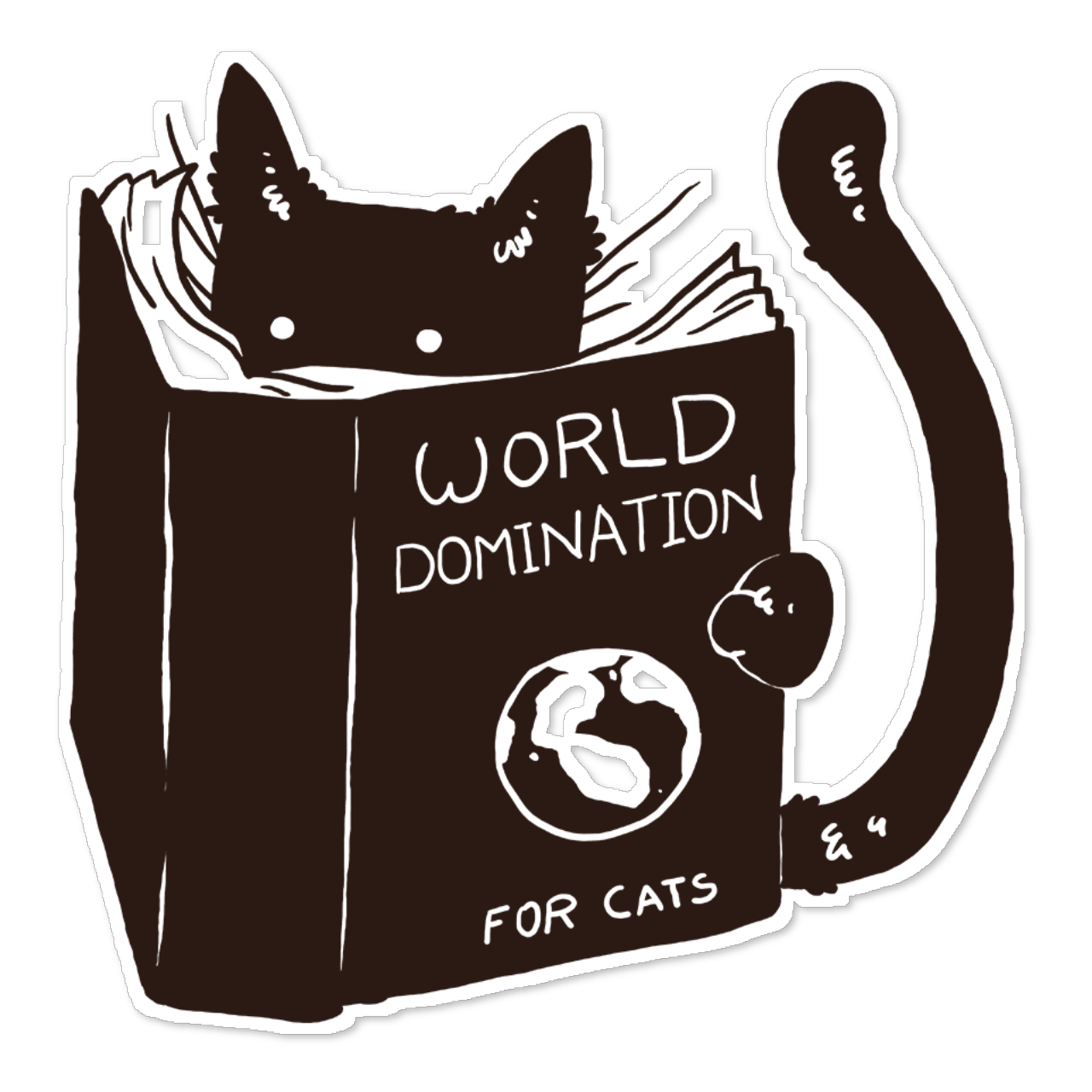 Adesivo World Domination for Cats. Desenhado por @tobefonseca. R$ 19, pacote com 5 unidades.