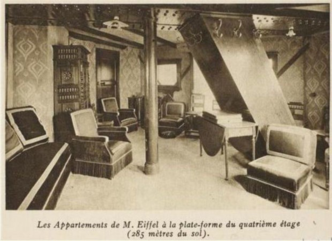 Reprodução de imagem de  jornal mostrando o interior do apartamento de Gustave Eiffel na época em que ele morava no local. 