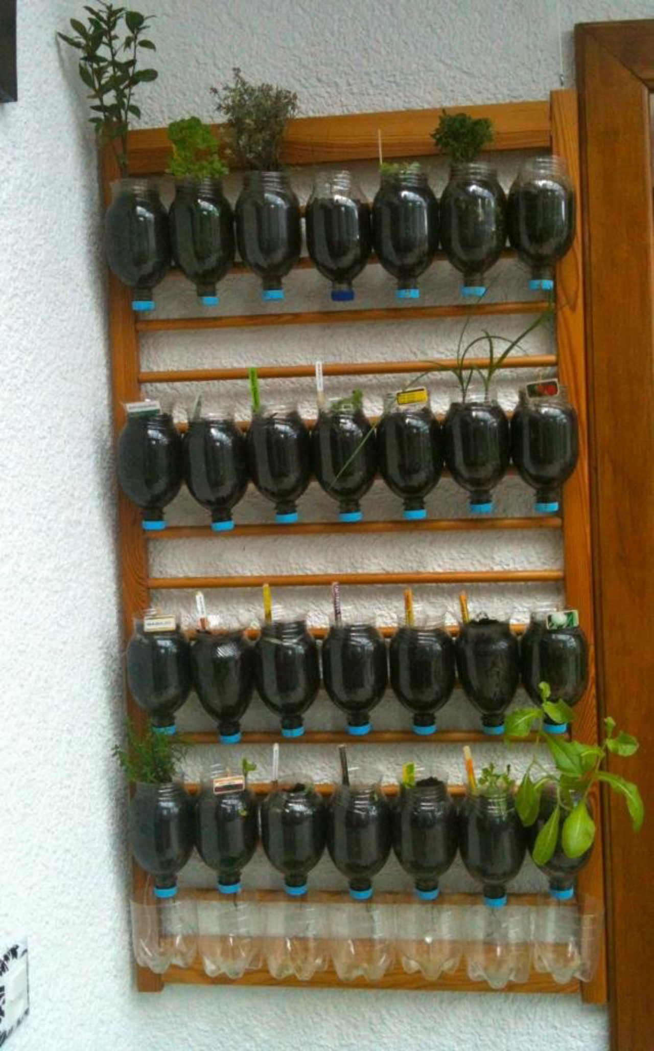 17 - Mais uma ideia para o jardim: um suporte para vasos. Na foto, foram usadas garrafas pet para plantar as mudas.  