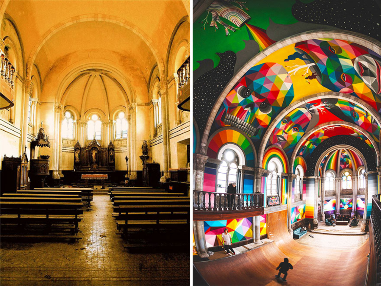 Antes e depois da igreja Santa Barbara, na Espanha. O espaço passou a abrigar uma pista de skate cheia de arte.<br>Foto: Red Bull Media  