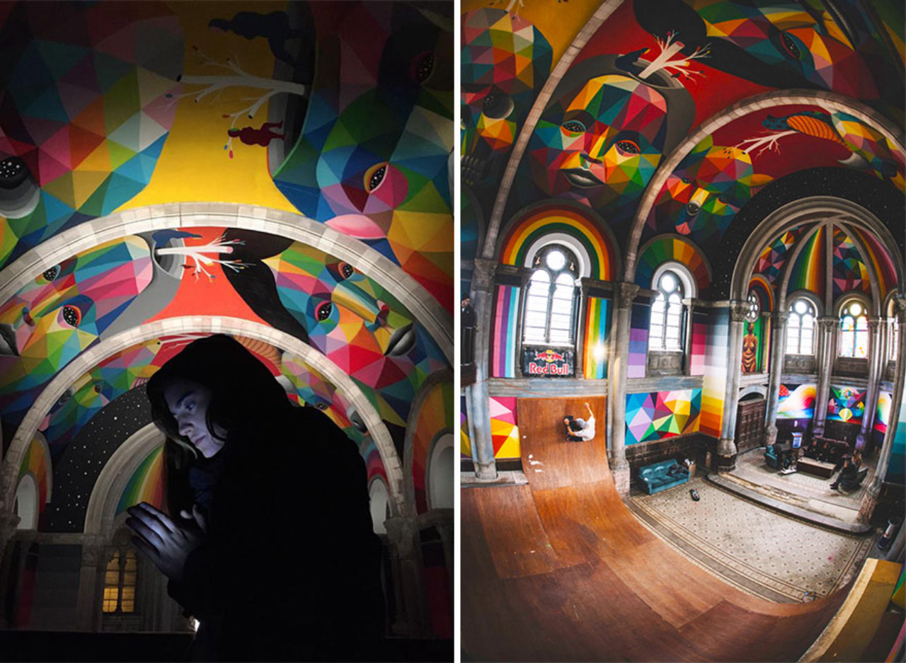 Artista Okuda san Miguel pintou igreja centenária na Espanha que havia sido transformada em pista de skate pública.<br>Fotos: Red Bull Media / Divulgação