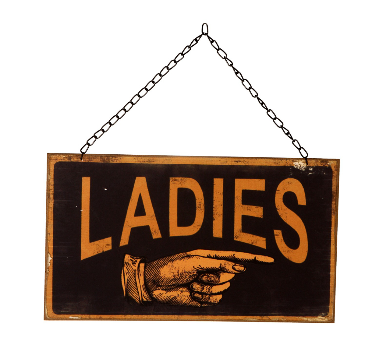 Placa decorativa Vintage Ladies, em metal e acabamento envelhecido. Na Maria Pia Casa, R$ 53.