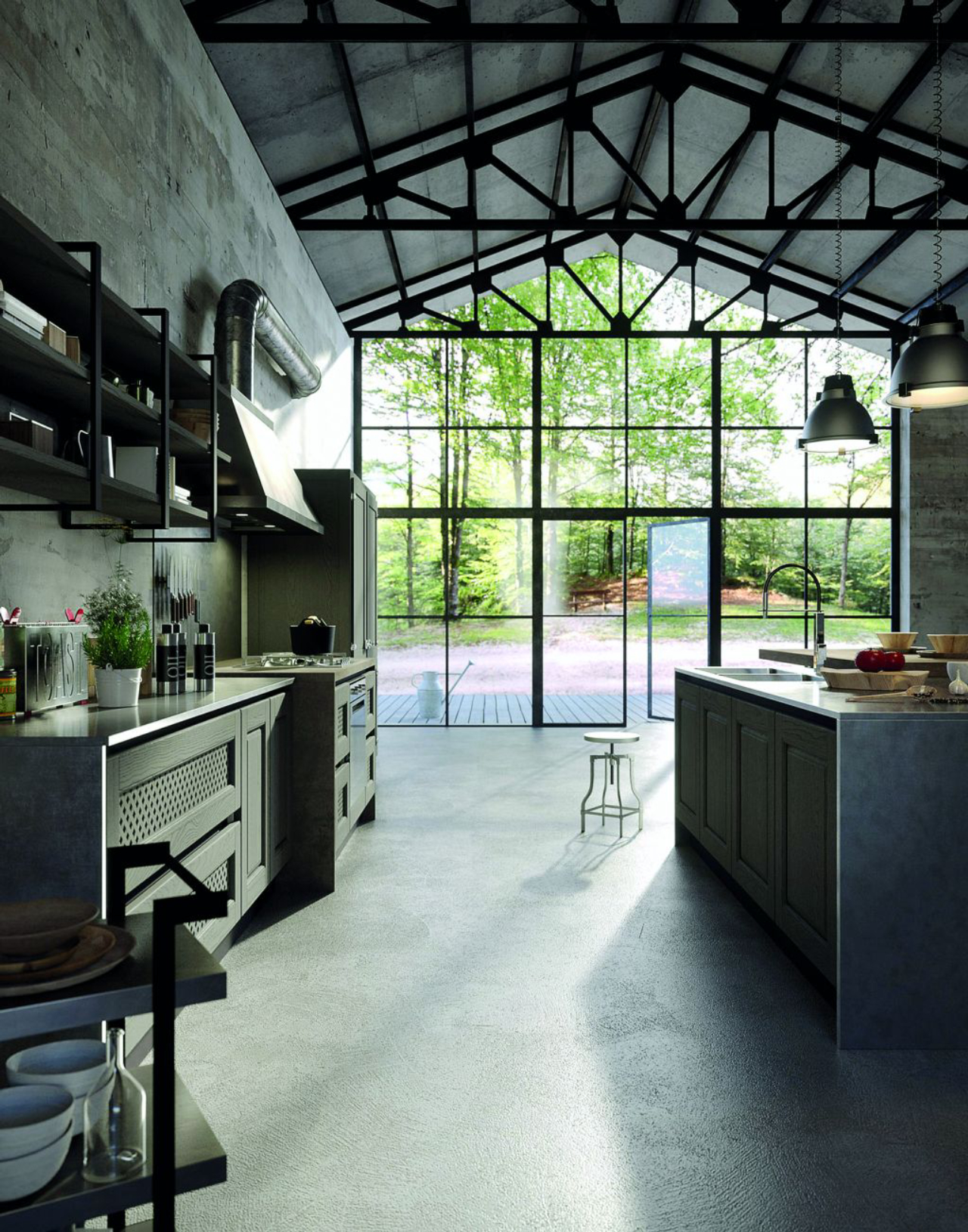 Cozinha da Bellagio combina móveis em cores sóbrias e com pegada industrial. Detalhe para as estantes aéreas feitas em metal.<br>Fotos: Divulgação