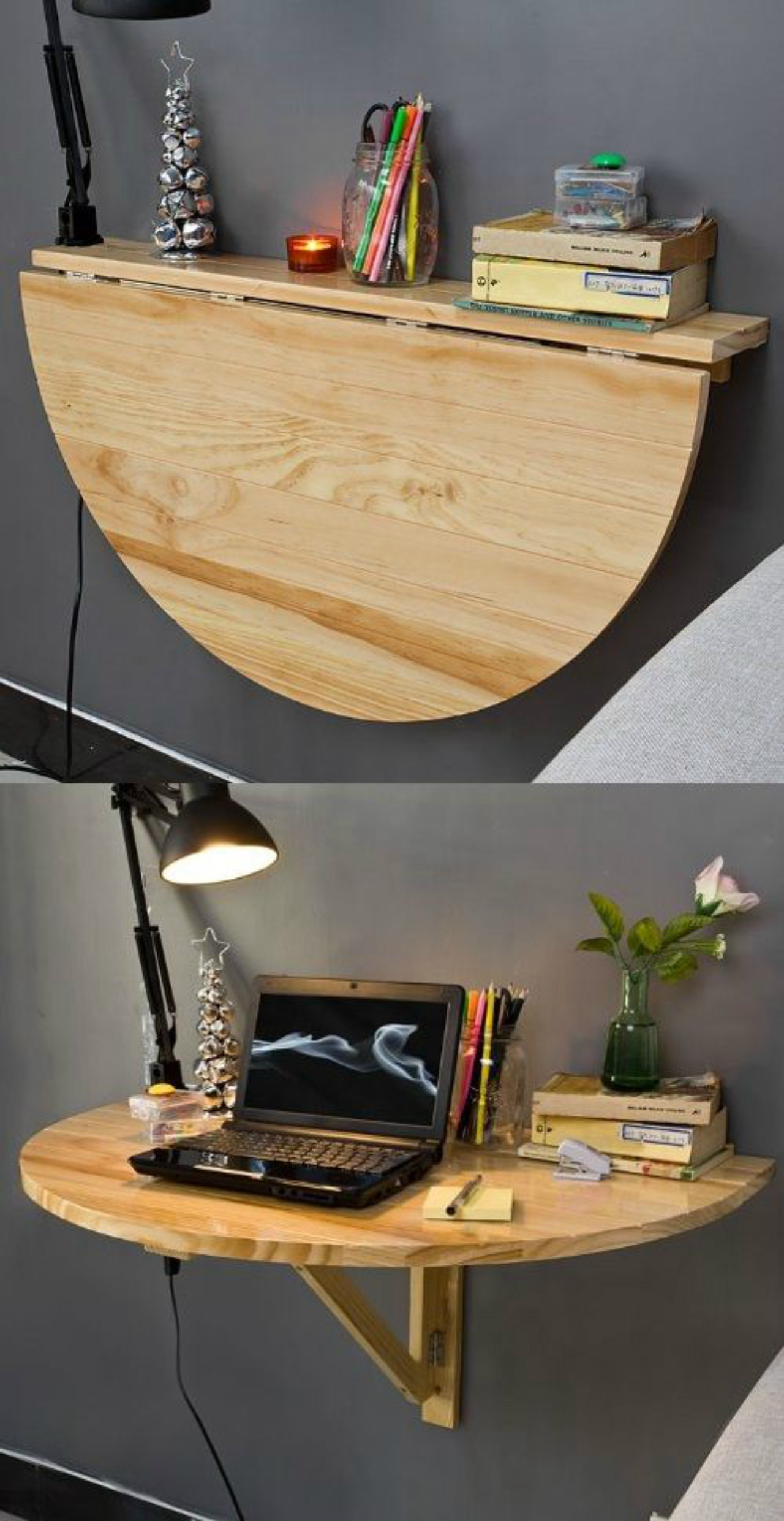 Uma mesa dobrável pode servir como pequeno aparador para decorar e, quando aberta, uma mesa para o laptop. Foto: Decoholic/ reprodução
