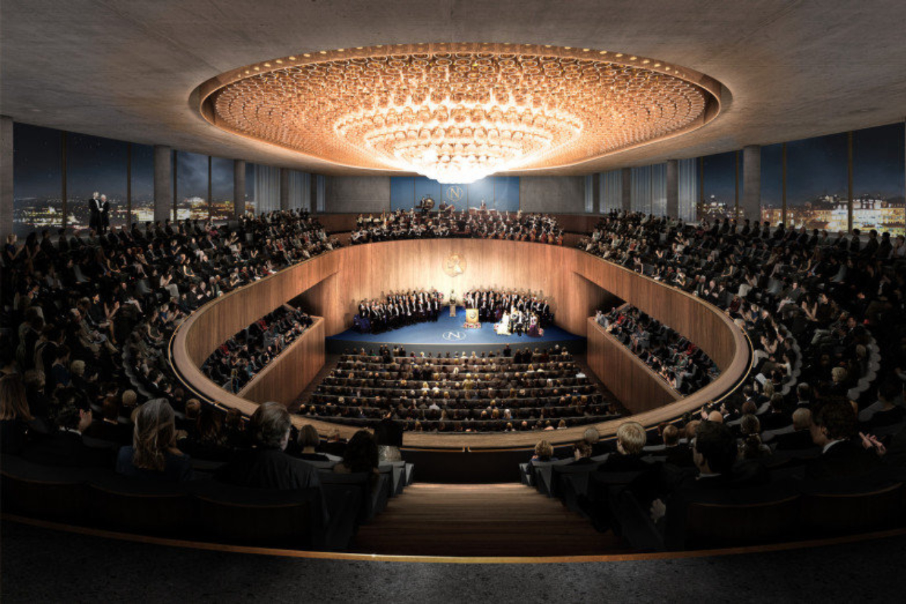 Internamente, um grande auditório para receber a cerimônia anual do Prêmio Nobel.<br>Imagem: Divulgação