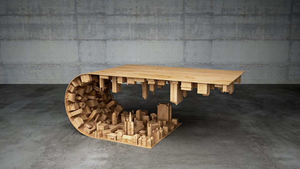 Também de Mousarris, Wave é uma mesa de madeira, aço e feita com tecnologia de impressão 3D. Inspirada pelo filme "A Origem", de Leonardo Dicaprio (2010), Wave representa manipulada por sonhos, capaz xde se dobrar. Foto: 