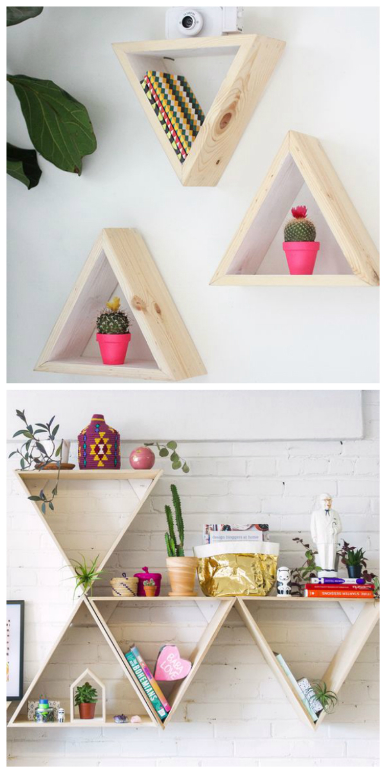 As pequenas estantes triangulares podem ser usadas separadament, como na foto acima, ou formar uma única estrutura, como na segunda foto. Fotos: Pinterest