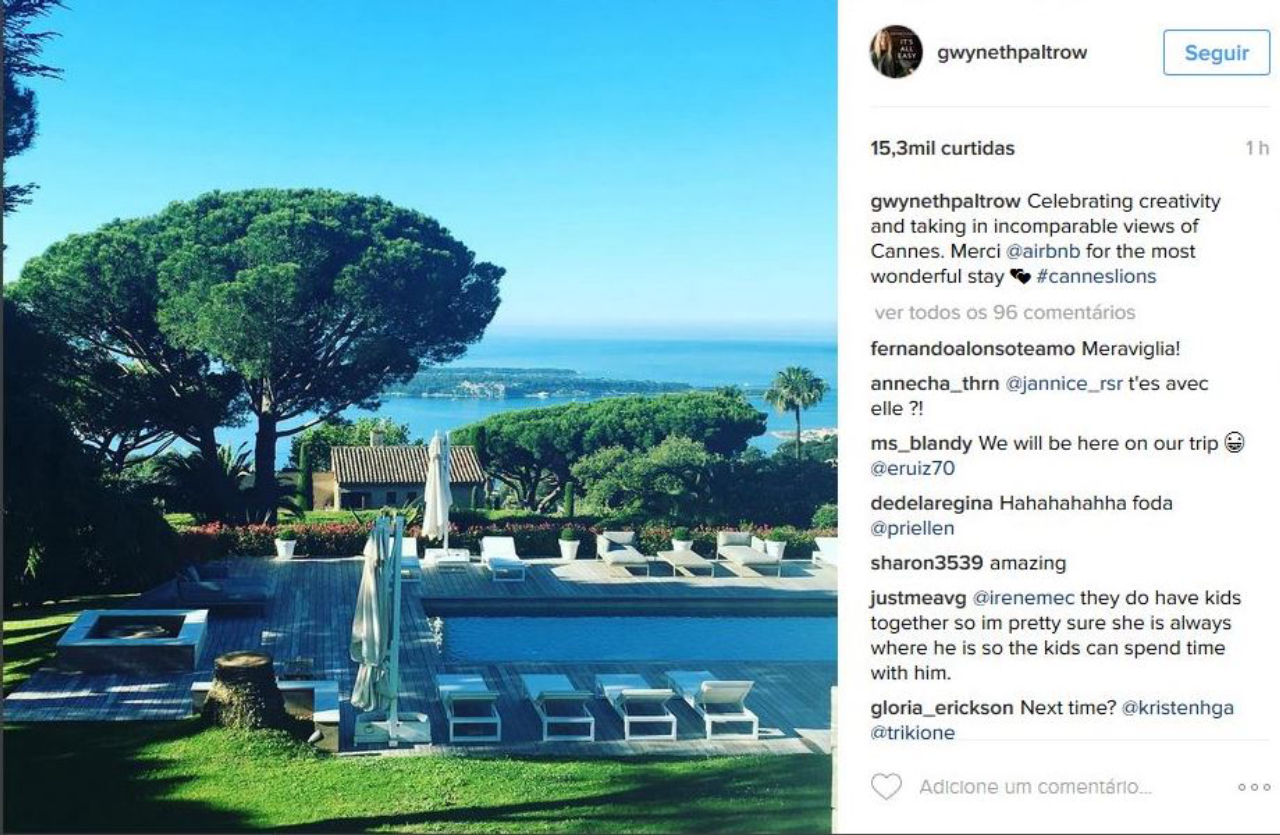 Gwyneth Paltrow compartilhou, em sua conta no Instagram, uma foto da vista da mansão cedida pelo Airbnb para sua estada na França, durante o Festival de Cannes.<br>Foto: Reprodução Instagram.  