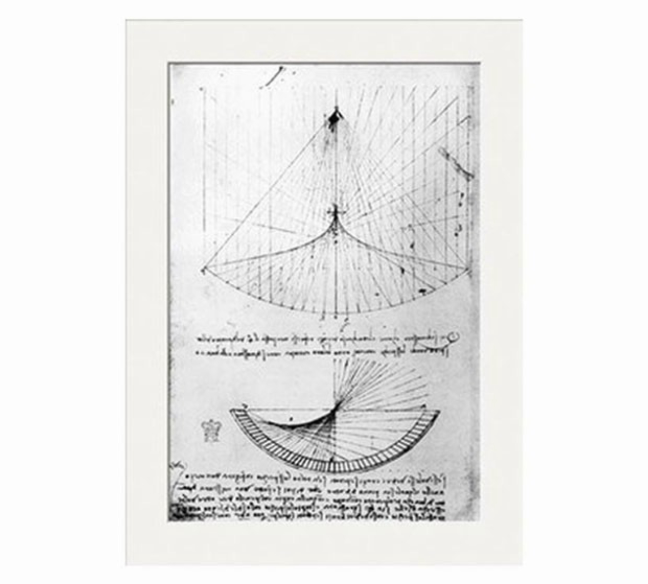 Estudos de Da Vinci sobre as imagens de raios de sol sobre um espelho parabólico.<br>Imagem: Reprodução