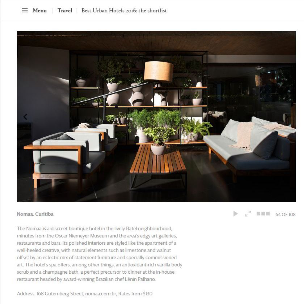 Reprodução da página da Wallpaper mostrando o Nomaa entre os finalistas do Prêmio Best Urban Hotel 2016.<br>Imagem: Reprodução 