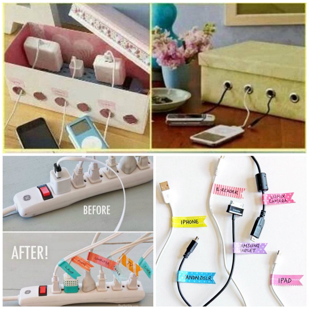 Caixas com pequenos orifícios para passagem dos fios e etiquetas coloridas para identificar cada cabo.<br>Fotos: Reprodução Pinterest  