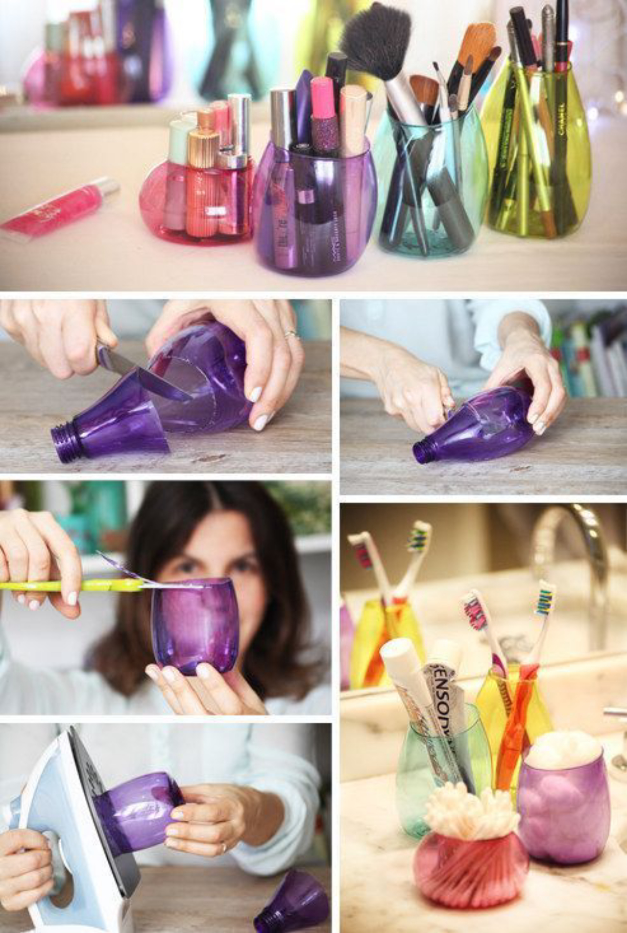 Pequenas garrafas PET se transformam em potes para organização. / Crédito: Pinterest.