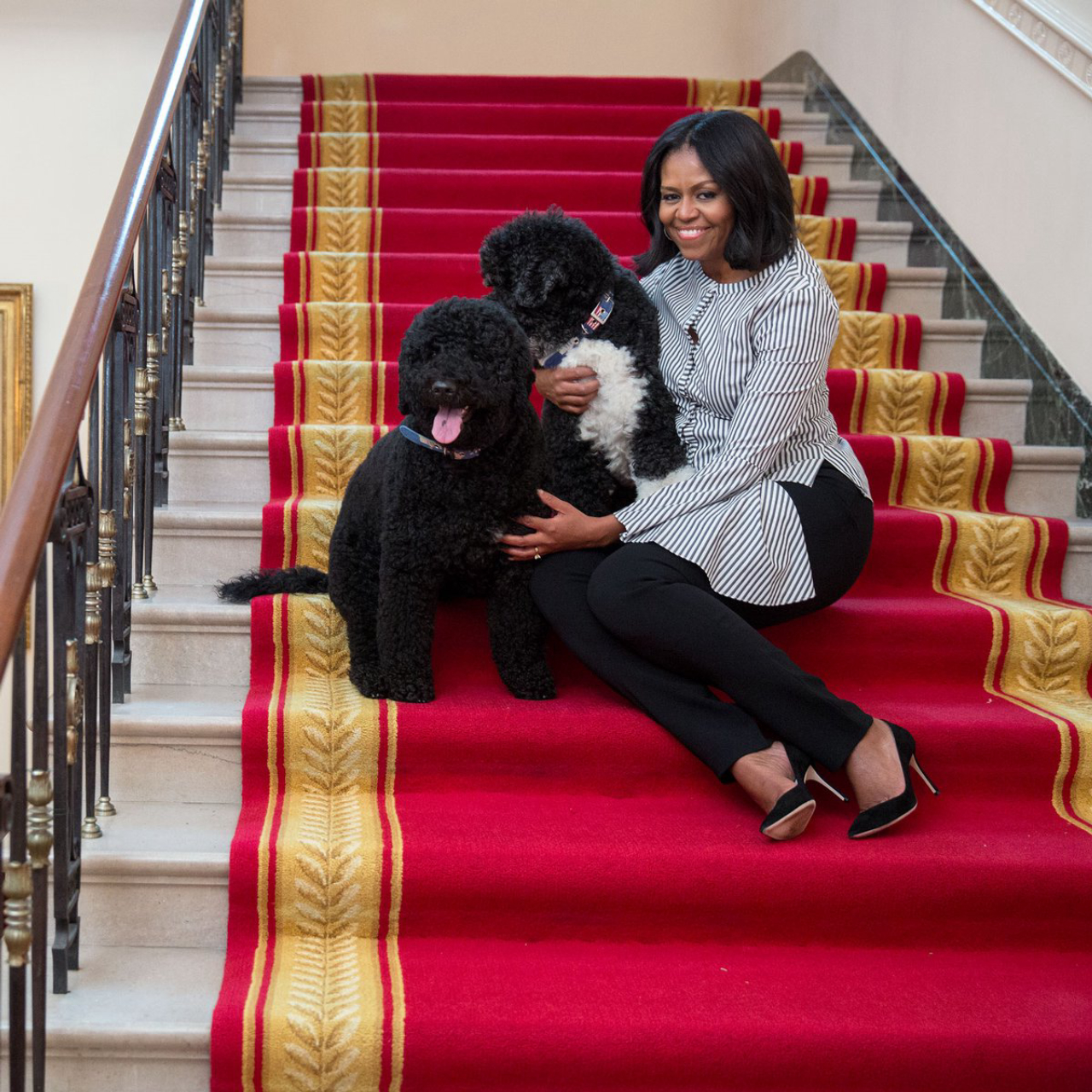 Michelle com Bo e Sunny na escadaria da Casa Branca em foto postada no último aniversário da primeira-dama (Reprodução Twitter The First Lady)
