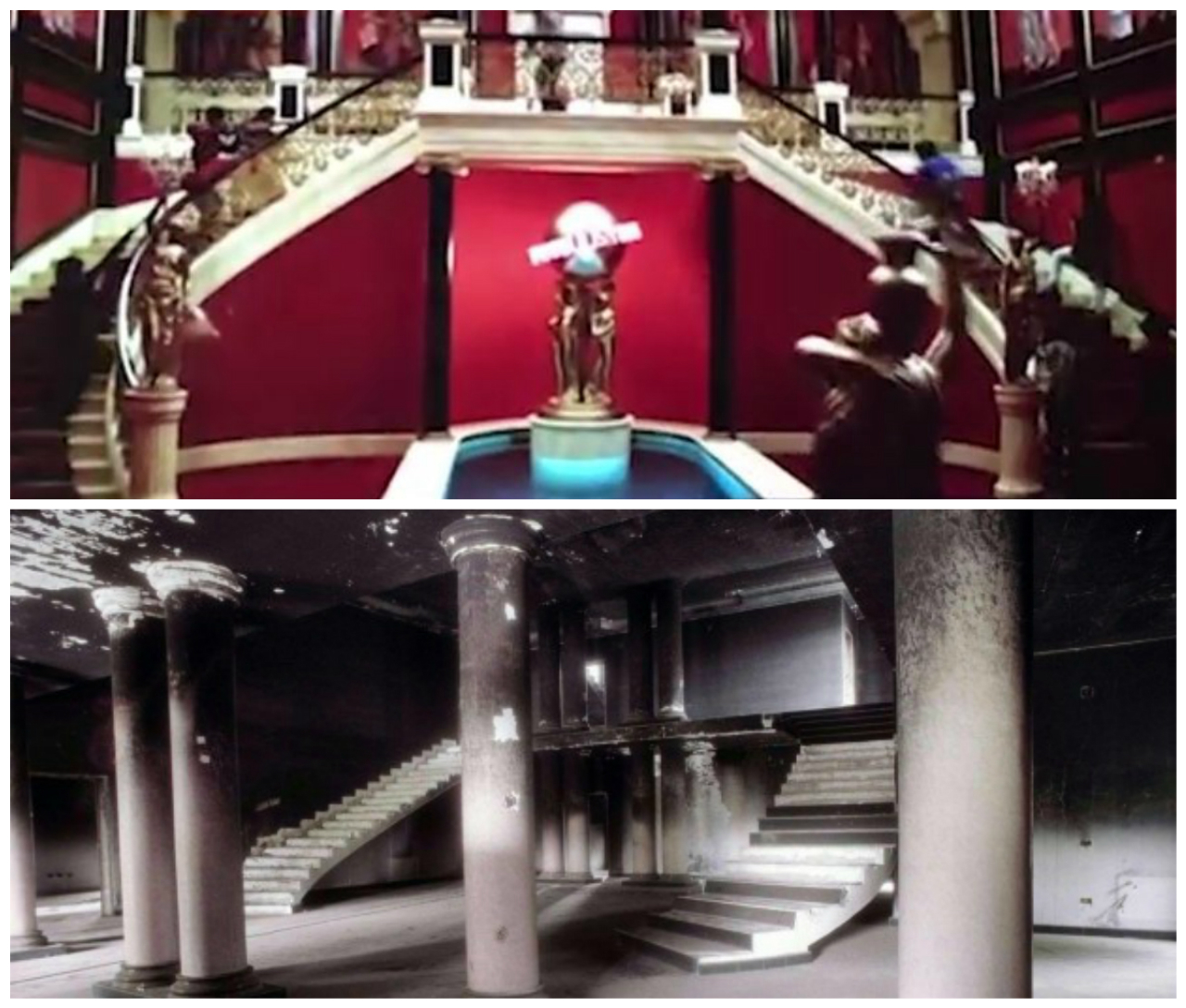 Até mesmo a escadaria dupla do filme (acima) foi reproduzida na vila italiana (abaixo). Fotos: Reprodução