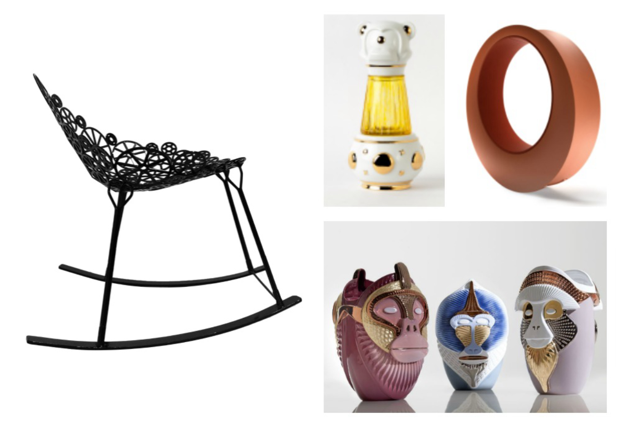 Cadeira balanço de A Lot of Brasil, vaso modular de André Teoman, cadeira circular da Moooi e vasos da Bosa.