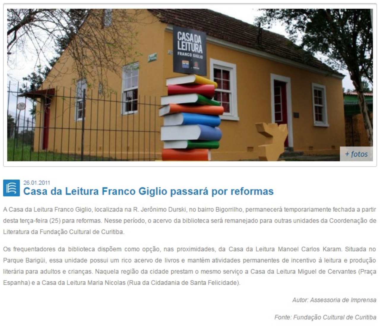 Reprodução da nota oficial da Fundação Cultural de Curitiba quando do fechamento da Casa de Leitura em 2011.<br>Foto: Reprodução. 