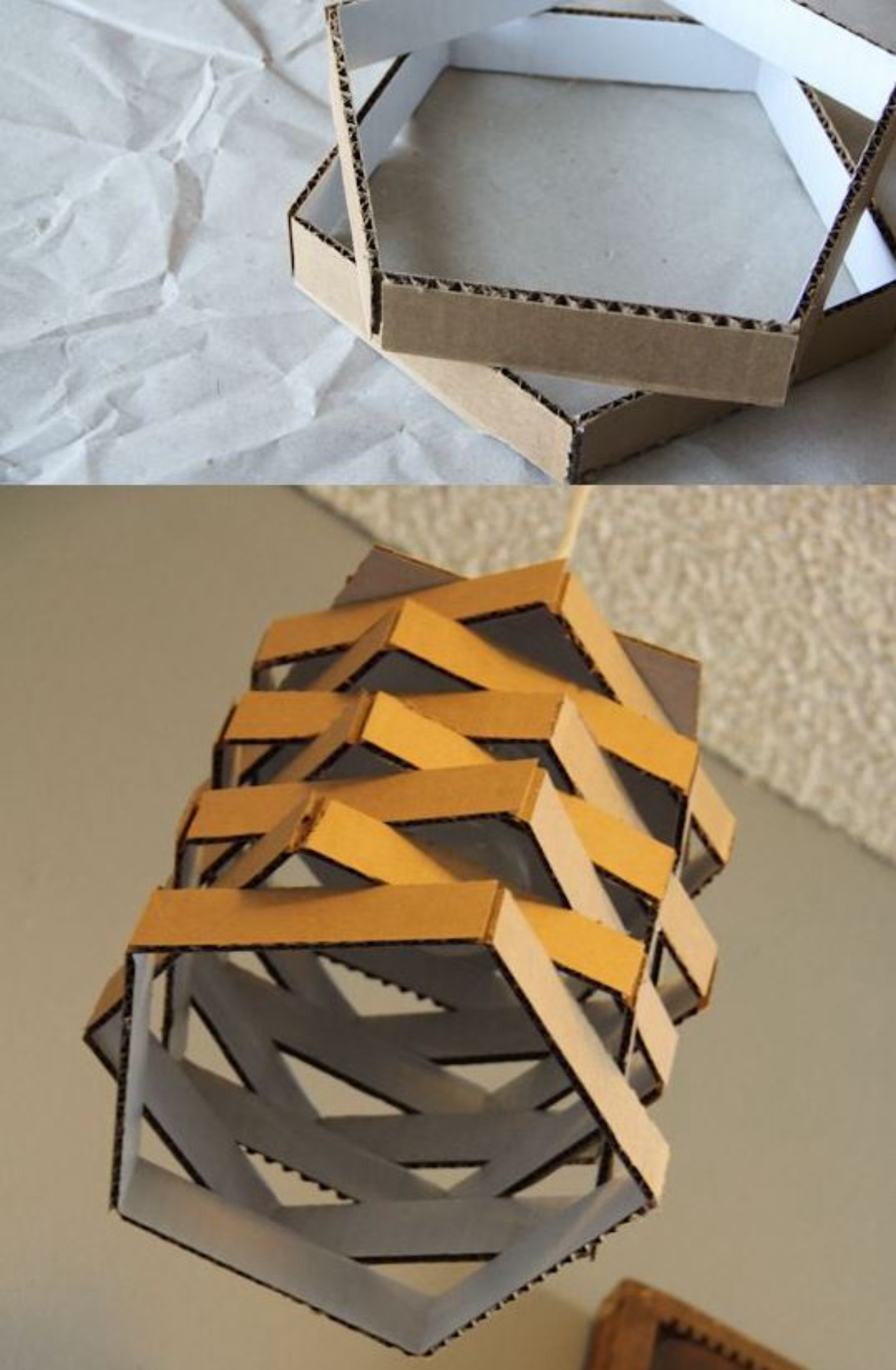 O papelão pode ser facilmente cortado para criar uma luminária geométrica. Foto: Pinterest