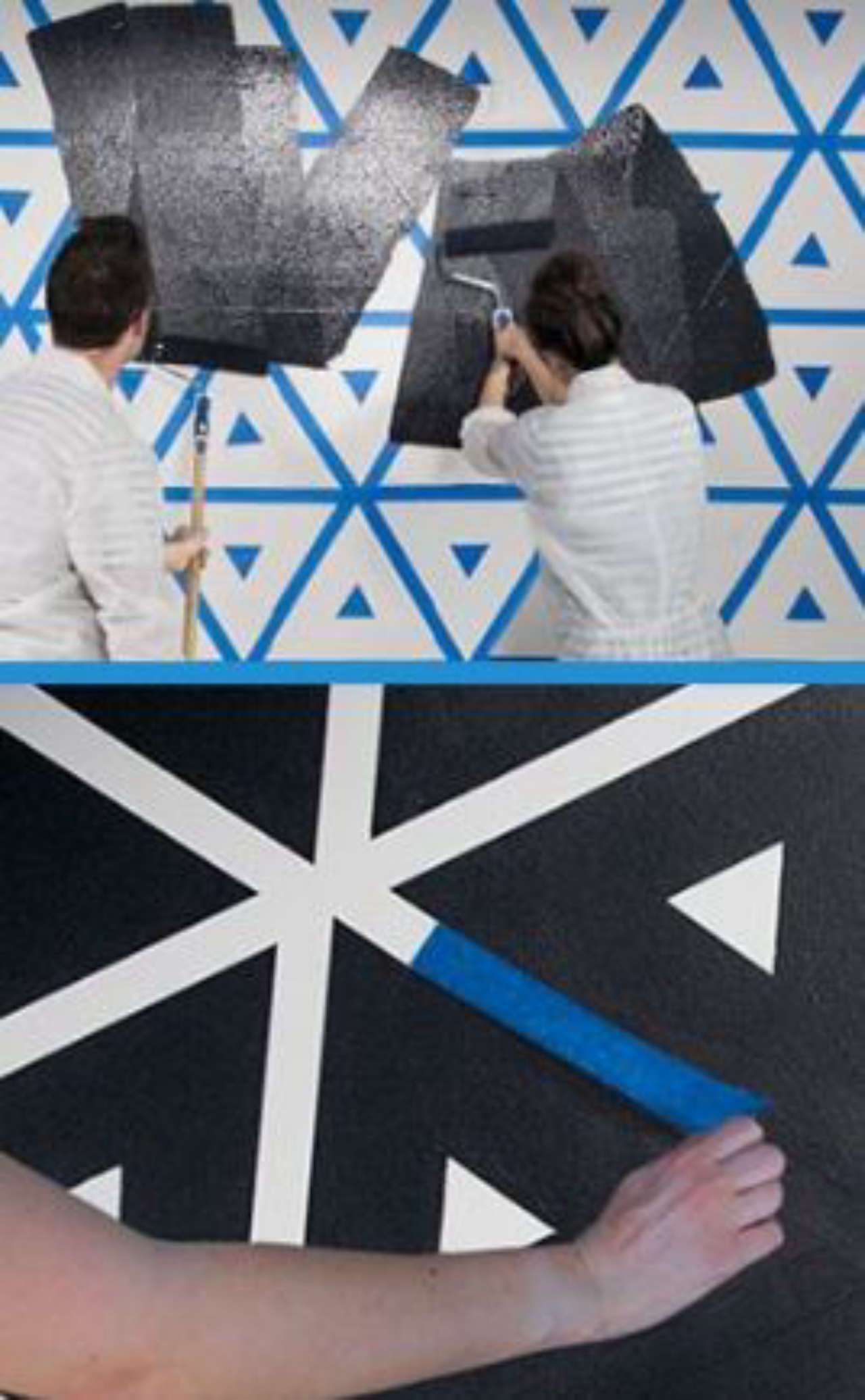 Use fita adesiva para criar padrões geométricos na parede. Passe tinta sobre toda a parede e, por fim, retire a fita. Foto: Pinterest
