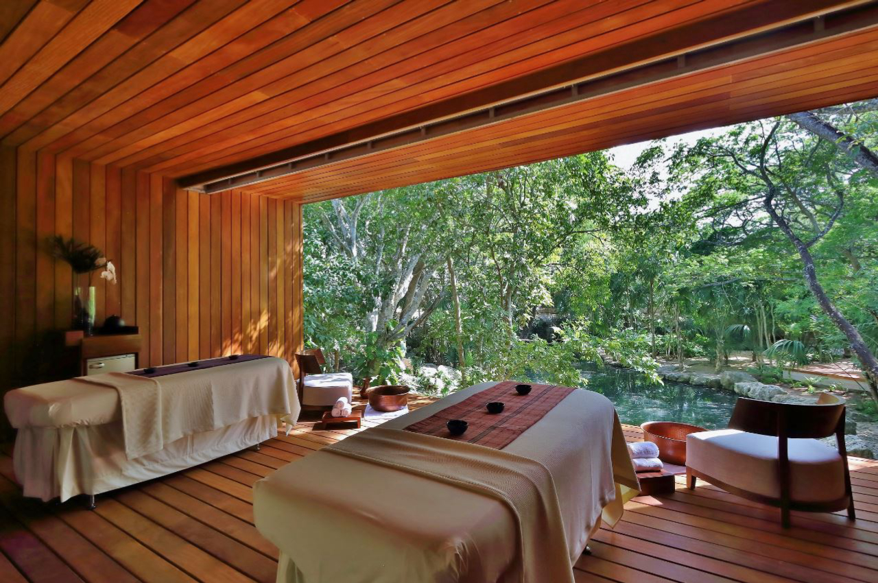 Uma das áreas de massagem do Chablé Resort e Spa. Nas acomodações reais há cabines de spa privativas. Foto: Divulgação