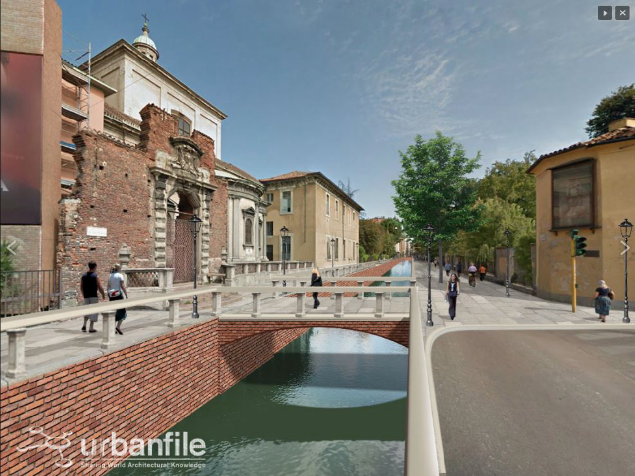 Projeção feita pelo site Urbanfile mostra como poderia ficar a Via Francesco Sforza depois da reabertura dos canais. Imagem: Urbanfile/Divulgação
