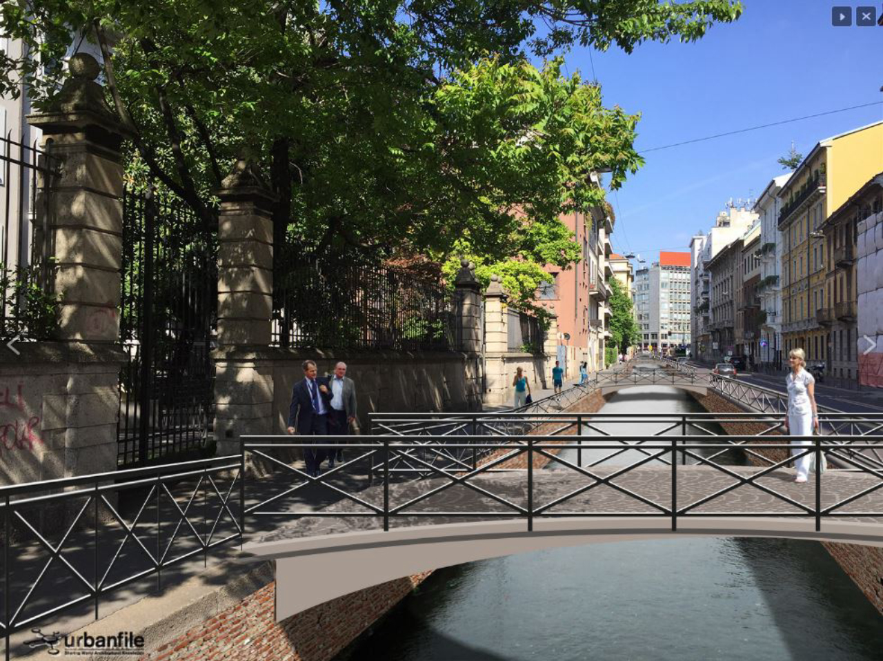 Na projeção do Urbanfile, a Via Senato ganha muitas pontes para cruzar um dos canais reabertos em Milão. Imagem: Urbanfile/Divulgação