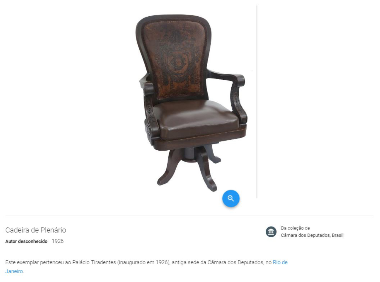 De autor desconhecido, esta cadeira data de 1926 e pertenceu ao Palácio Tiradentes, antiga sede da Câmara no Rio de Janeiro. Devido a seu valor histórico, pode custar entre R$ 10 mil e R$ 15 mil. Foto: Câmara dos Deputados/Reprodução