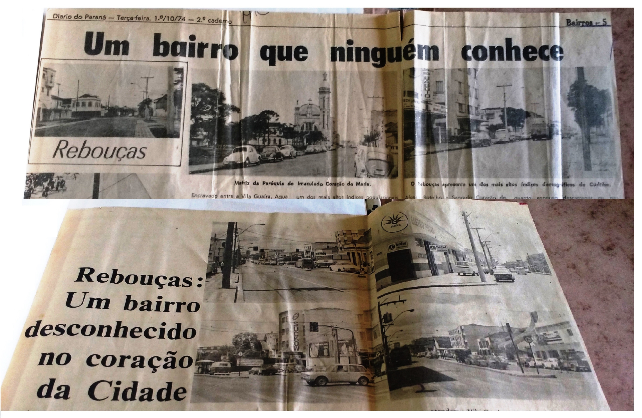 Reprodução do Diário do Paraná de 1974 e do Jornal dos Bairros de 1979, "apresentando" o Rebouças aos leitores. Foto: Acervo Casa da Memória