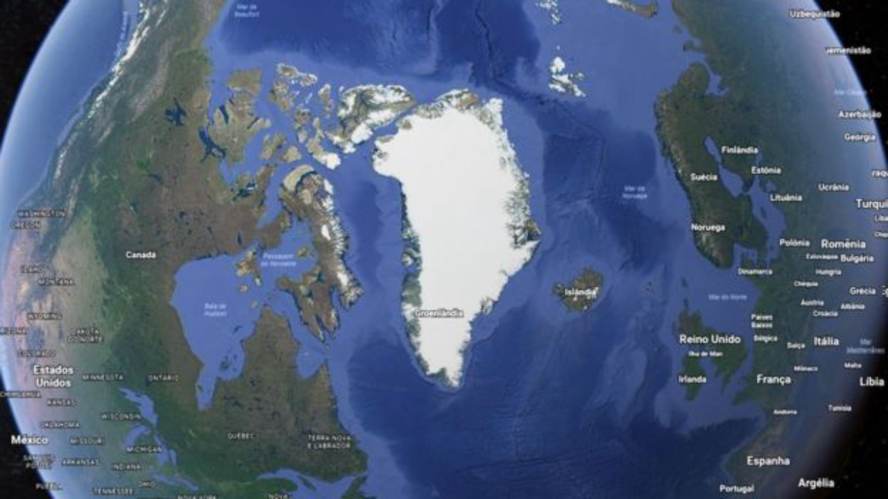 Se derretida completamente, a Groenlândia aumentaria em mais de 6 metros o nível do mar pelo mundo. Foto: Google Earth