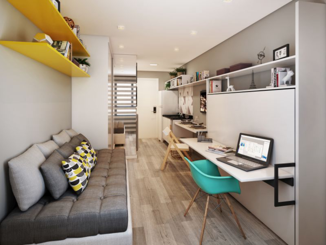 Projeto do apartamento de 17 metros quadrados. Haverá três modalidades de apartamentos: sem mobília, mobiliado e completo (mobiliado e decorado). 