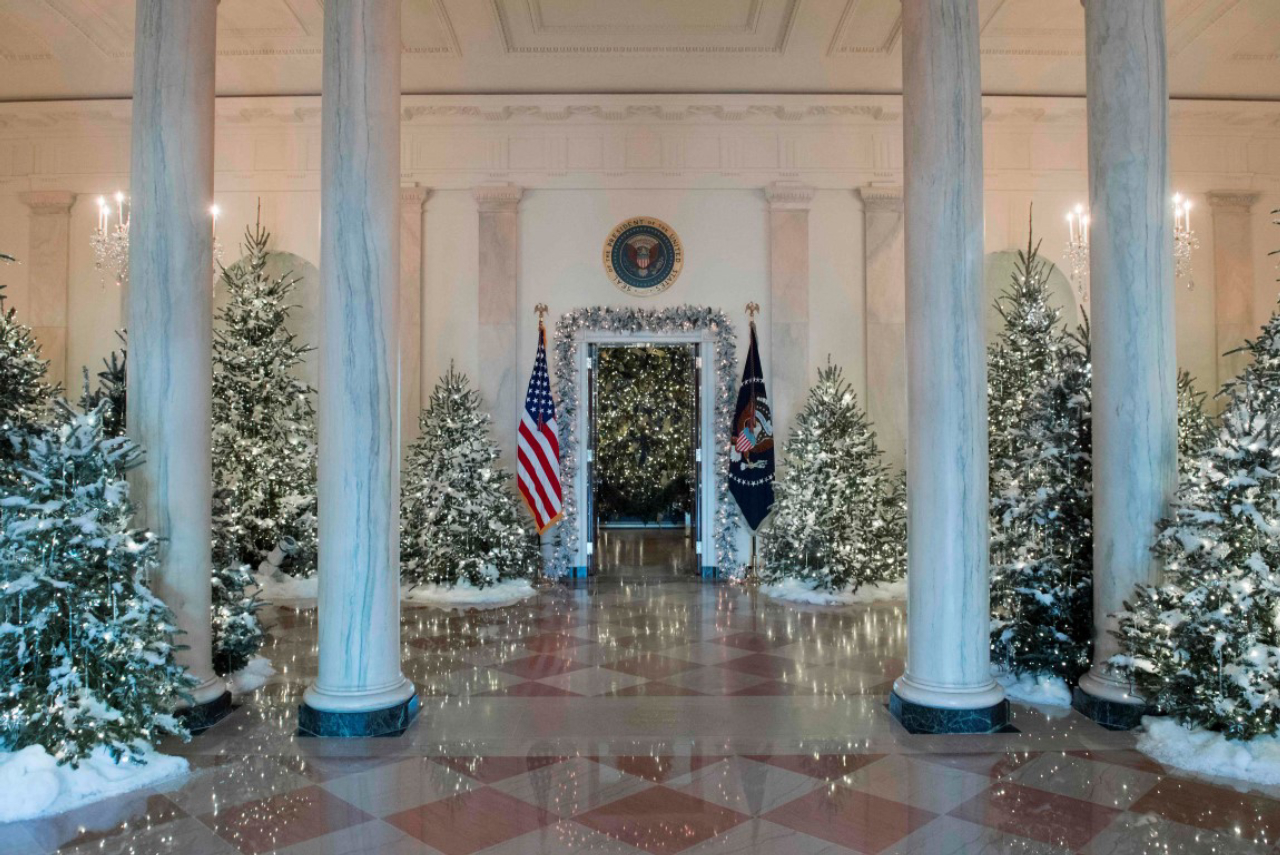 Christmas trees are seen during a preview of holiday decorations in the Grand Foyer of the White House in Washington, DC, November 27, 2017. / AFP PHOTO / SAUL LOEB