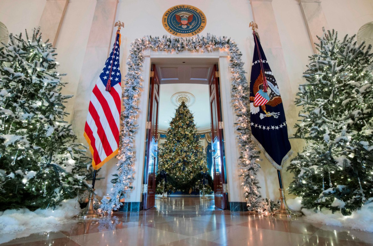 Christmas trees are seen during a preview of holiday decorations in the Grand Foyer of the White House in Washington, DC, November 27, 2017. / AFP PHOTO / SAUL LOEB