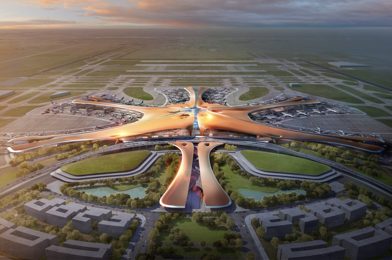 A projeção mostra como o aeroporto deve ficar quando estiver pronto. Os seis terminais estão unidos por uma mesma estrutura central. Imagem: Zaha Hadis Architects/Divulgação