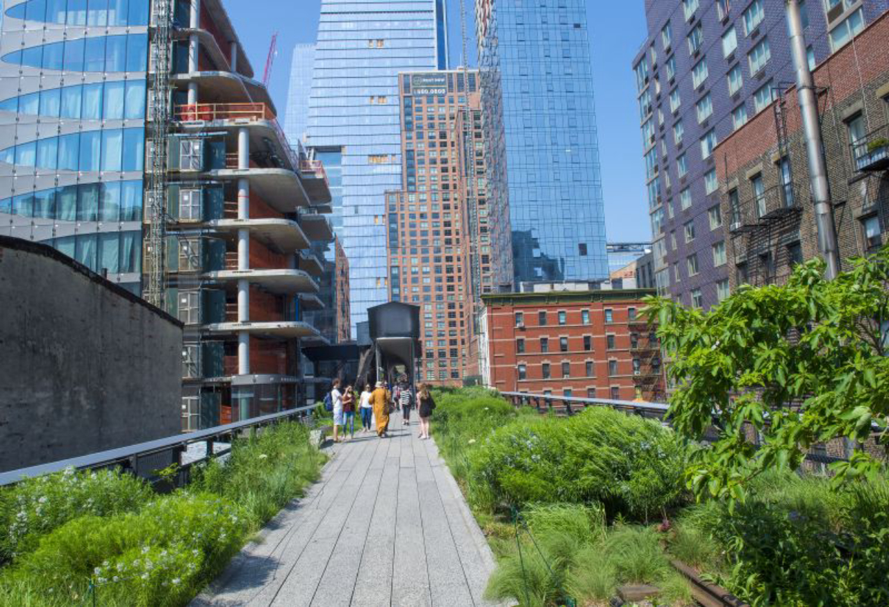 NEW YORK CITY - MAY 28 : The High Line Park in NYC on May 28 2016. The High Line is a public park built on an historic freight rail line elevated above the streets on Manhattans West Side.