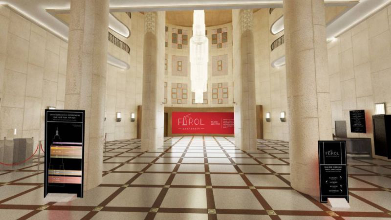 Hall de entrada tem lustre de 1,5 tonelada. Foto: Farol Santander/Reprodução