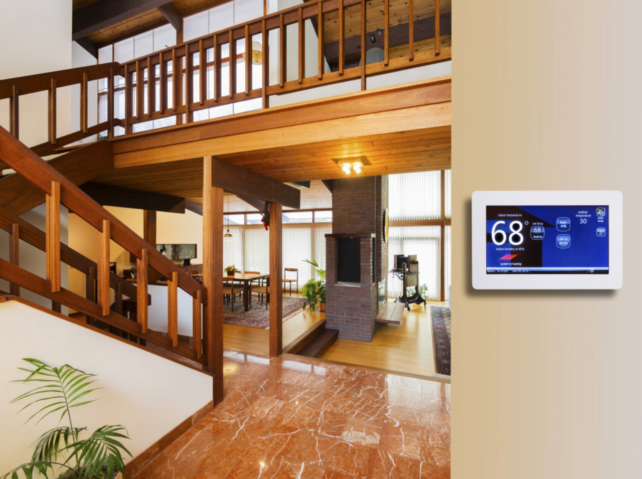 Programmable electronic thermostat for temperature control in living room hall way