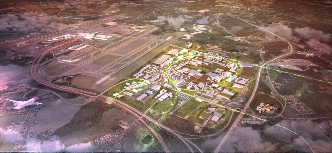 Vista aérea de onde ficará a cidade. Cidade será construída em uma área de 370 hectares ao lado do aeroporto de Oslo, Noruega. Imagem: Reprodução / Haptic Architects