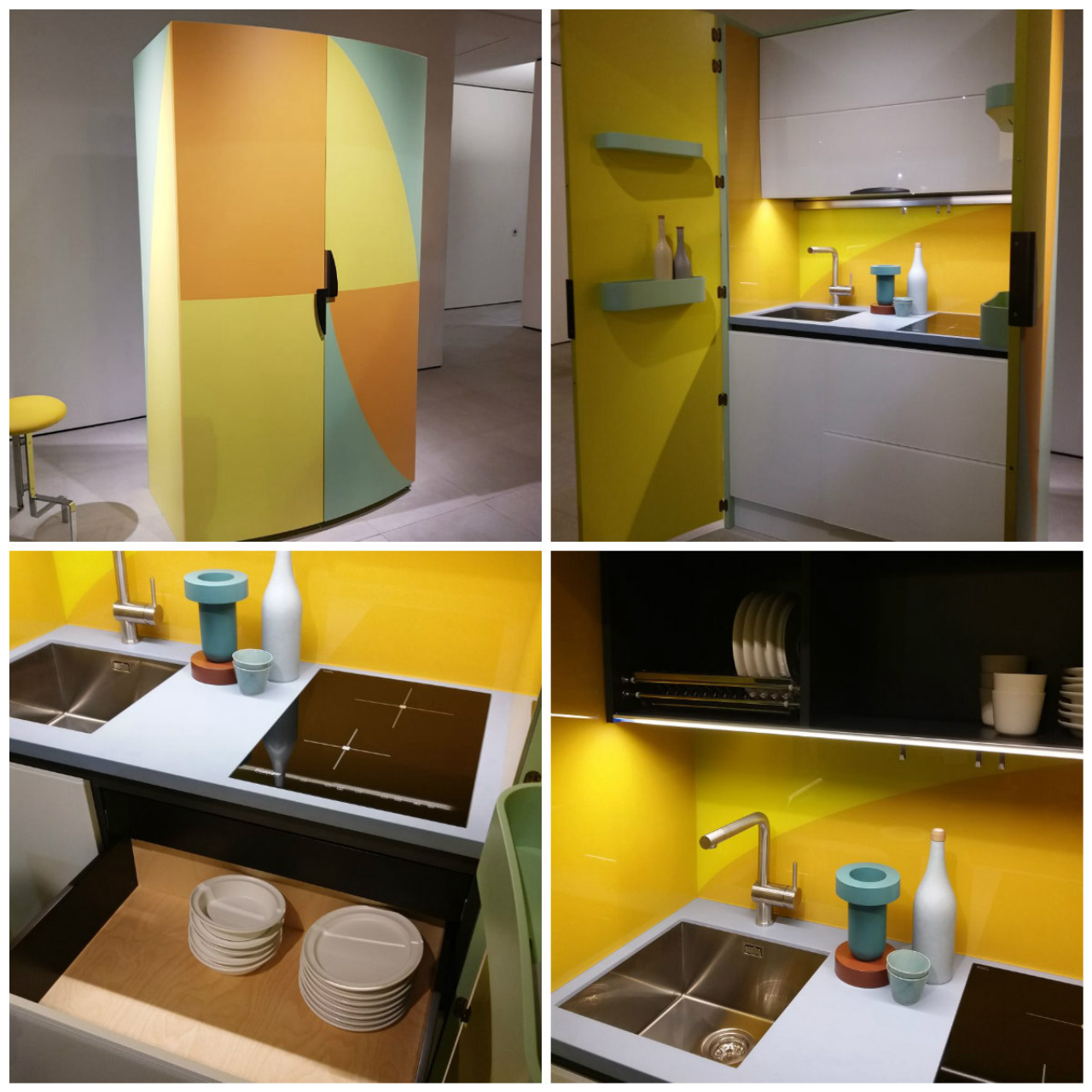 Sequência de fotos mostra a cozinha da Sanwa Company, pensada para espaços bem pequenos. Ela tem todos os armários e utensílios em um móvel só, que, fechado, nem parece uma cozinha. 