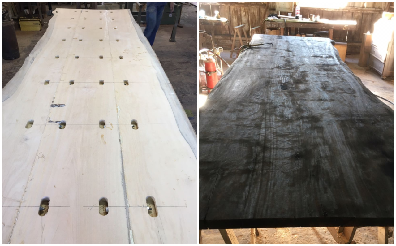 Antes e depois do processo de carbonização do tampo da mesa do ambiente de Janaina Macedo. Foto: Janaina Macedo